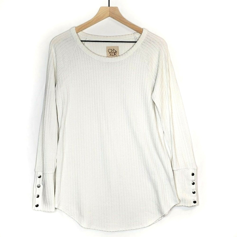Chaser Button Cuff Thermal Waffle Top M Ivory Long Sleeve Pullover Anthro